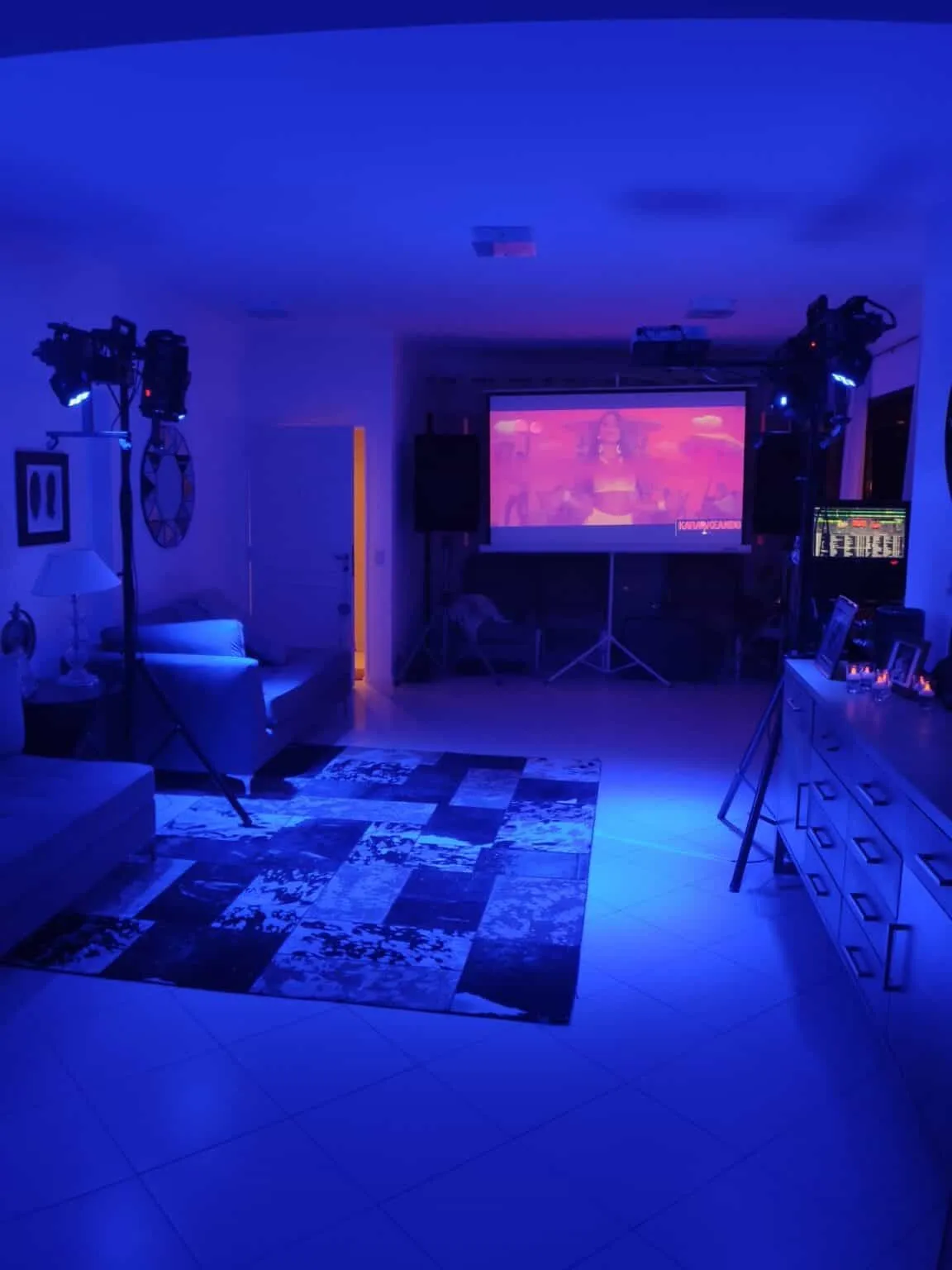 Luces y ambiente en living durante show de karaoke a domicilio